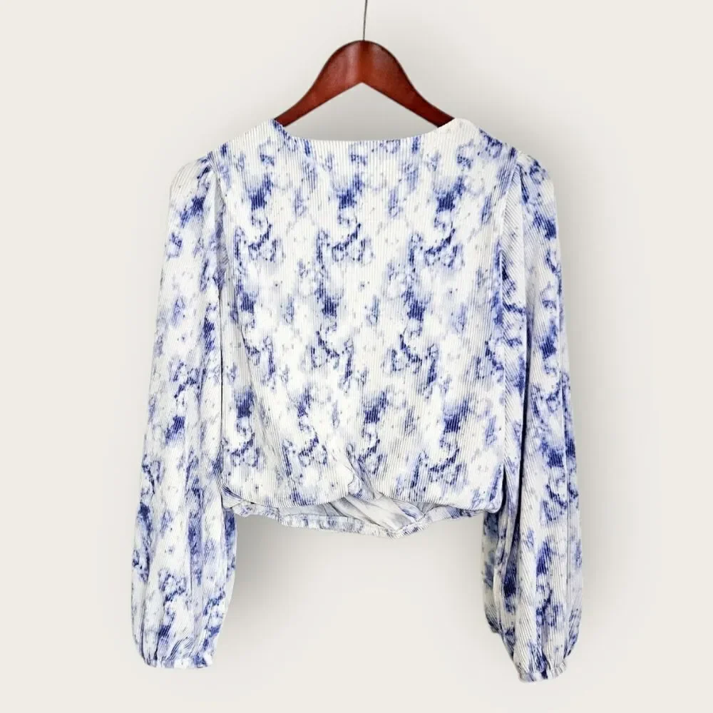 ASTR The Label Pleated Surplice Crepe Split Faux Wrap Balloon Sleeve Blouse S